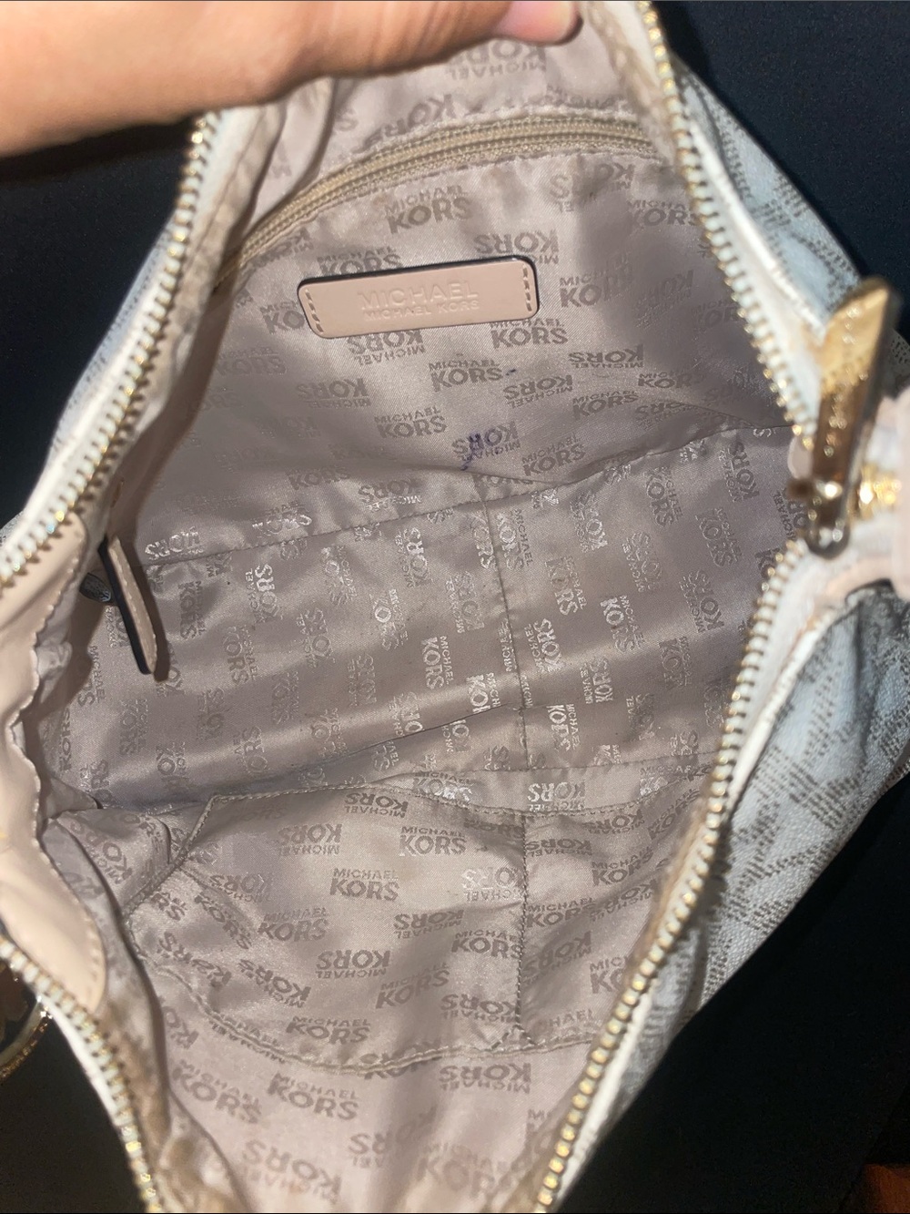 MICHAEL Michael Kors Beige Cream Monogram Shoulder Bag with Gold Charm - Picture 9 of 13